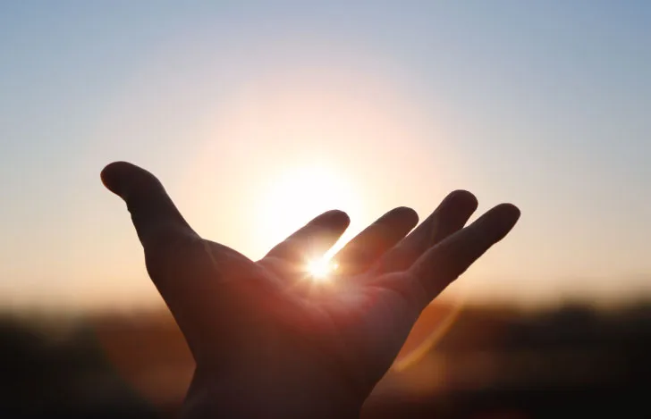 登ってくる太陽に向かって広げられた人の手