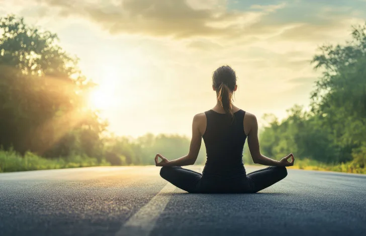 道で瞑想をする女性