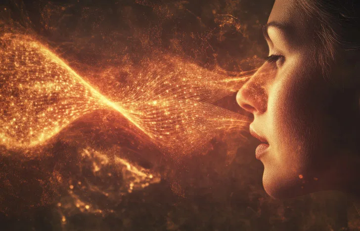 女性の横顔とオレンジ色の光