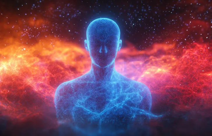 赤い光に包まれた青白い人の形