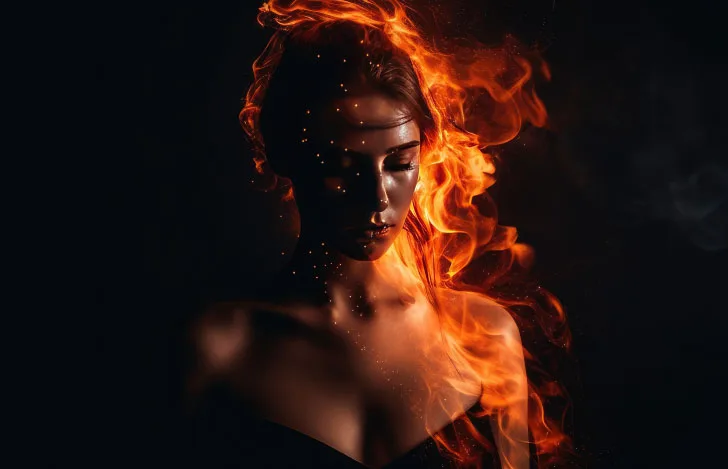 目を閉じ炎に包まれた女性