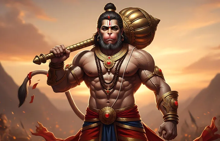 武器を手に勇ましい姿で立つハヌマーン神