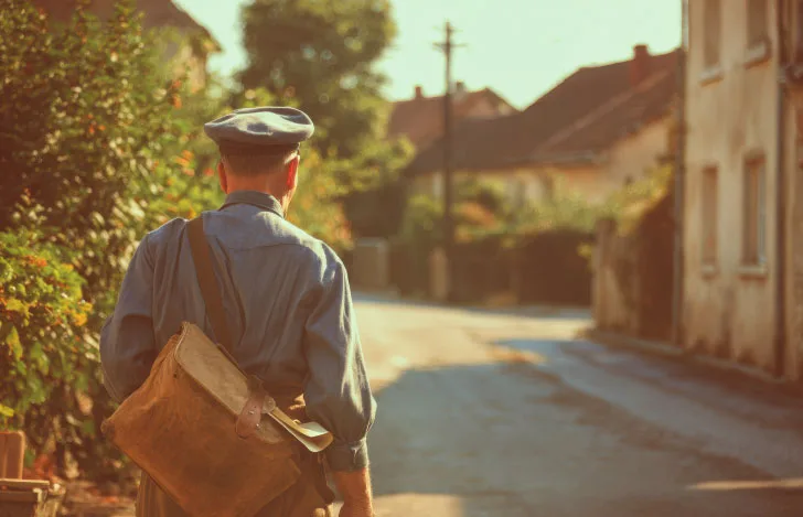 街の中を歩く郵便屋さんの後ろ姿