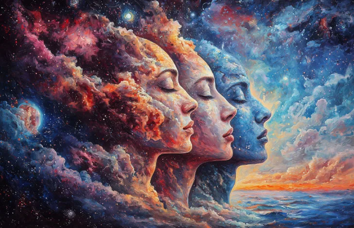 自然と癒合する3人の女性の横顔