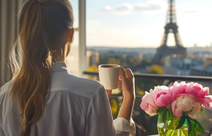 エッフェル塔が見える窓辺でマグカップを持って立つ　女性の後ろ姿