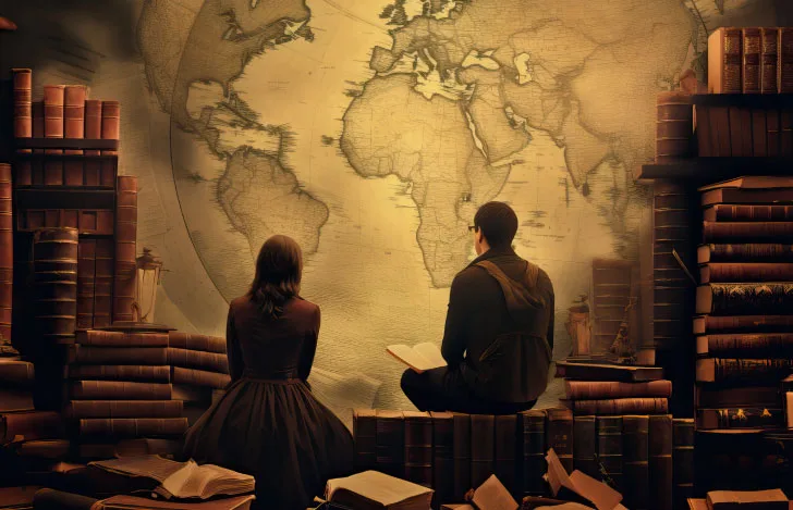 たくさんの本に囲まれ大きな世界地図の前に座る男女の後ろ姿