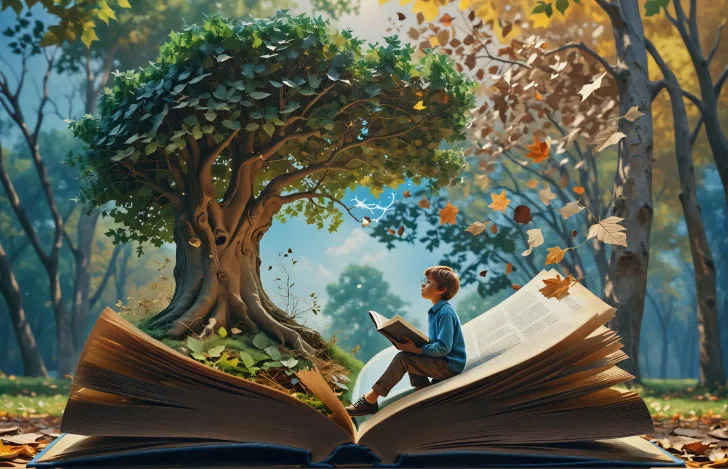 開かれた本のページから伸びる大木とそれを見上げる座る読書する少年