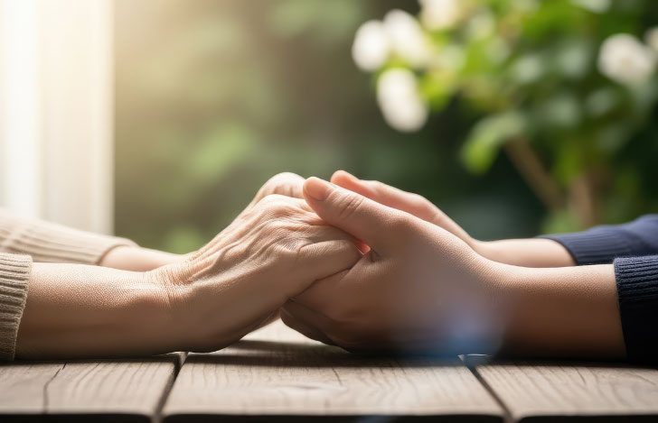 テーブルの上で手を握り合う人の手元