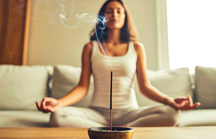 お香を炊いて室内で瞑想する女性