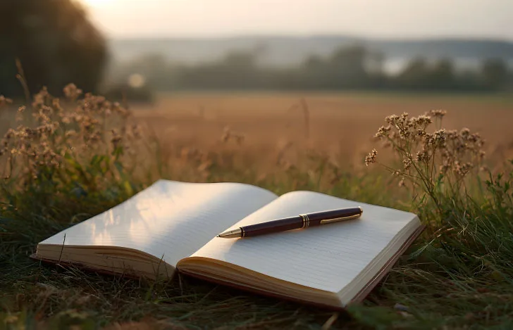 開けた自然を背景にし夕陽に照らされたノートとペン