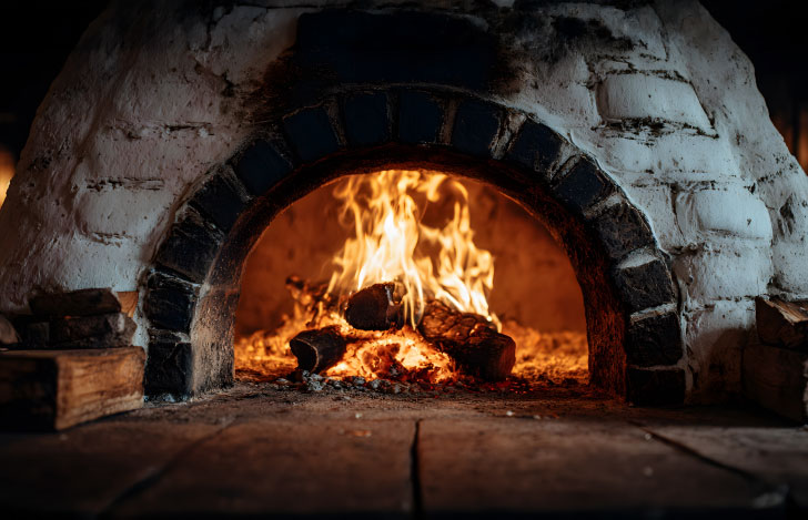 レンガの釜戸の中で燃える炎
