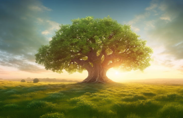 夕日を背景にした1本の大きな木