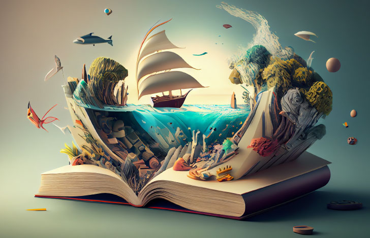 開かれた本から飛び出すファンタージーの世界