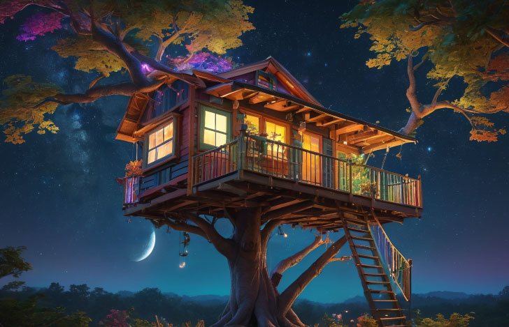 明かりが灯るツリーハウス