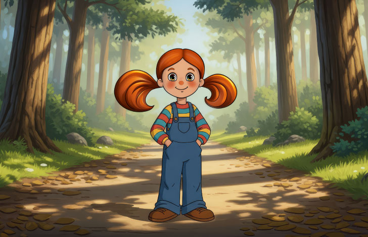 森の子持ちに立つオーバーオールをきた赤毛の少女