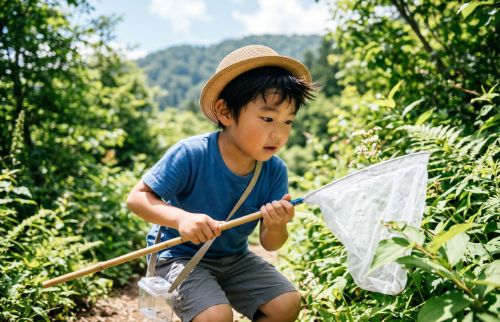 緑が茂る自然の中で網を手に虫取りをする男の子
