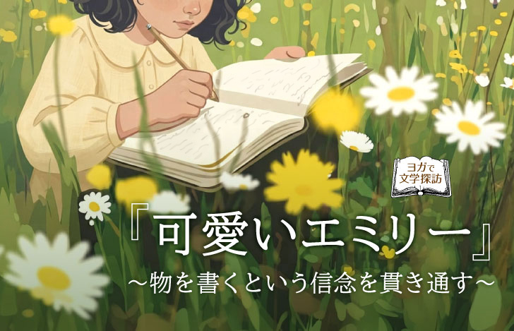 草原の中に座ってノートに字を書く少女のイラスト